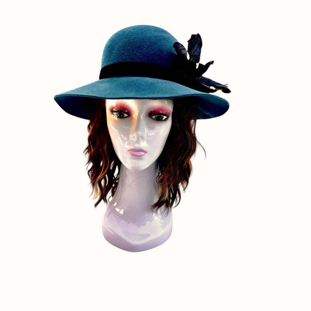 Betmar Felted Wool Floppy Hat Teal Black Silk Flower Band